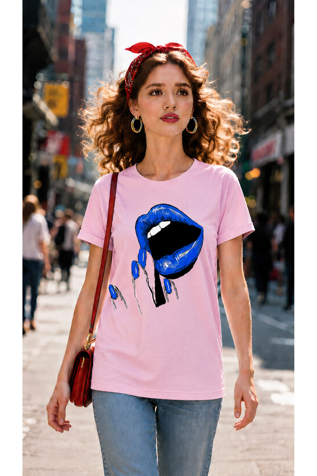 Women's Oversize T-Shirt Blue Lip Printed 100% Cotton T-Shirt Comfortable Fit