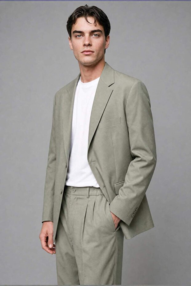 سترة بليزر من القماش السائل الكاكي كبيرة الحجم H7042AX26SM