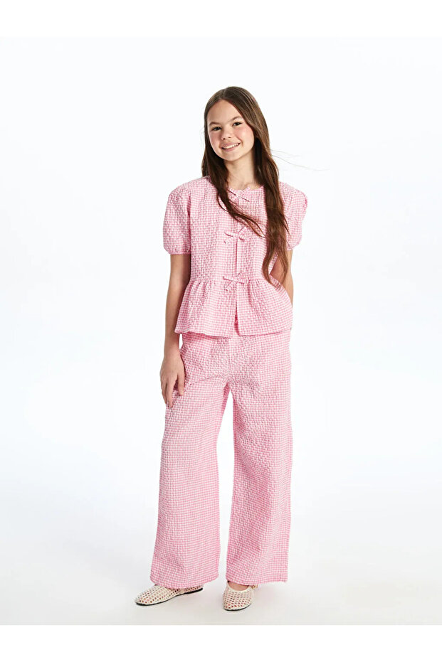 Pink Elastic Waist Plaid Girls' Pants
