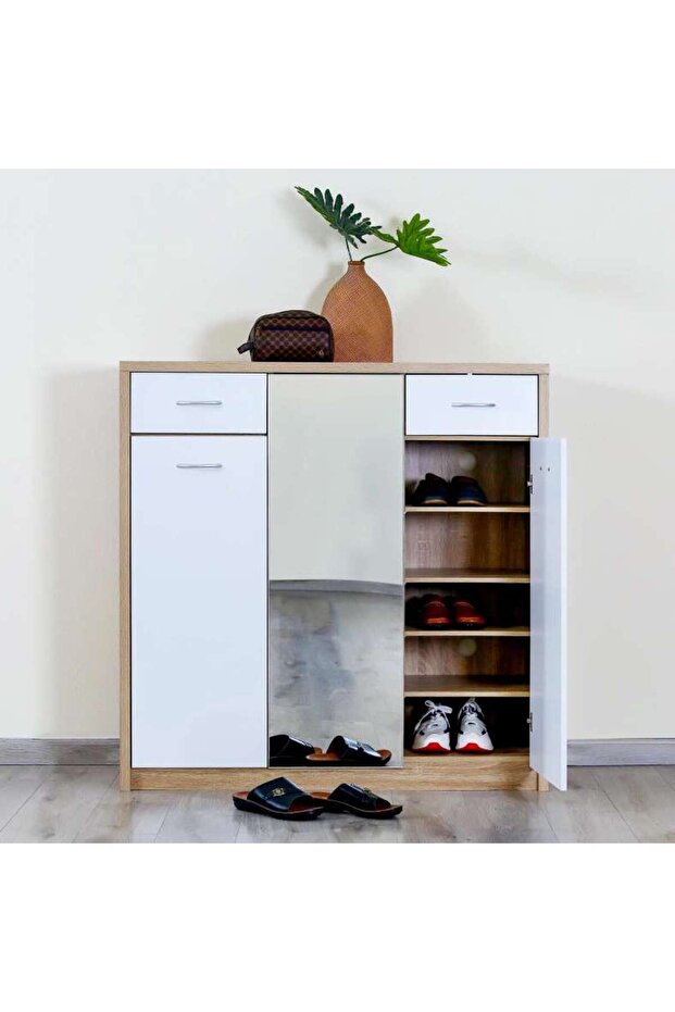 Winado Shoe Rack 21 Pairs With Mirror - White Natural