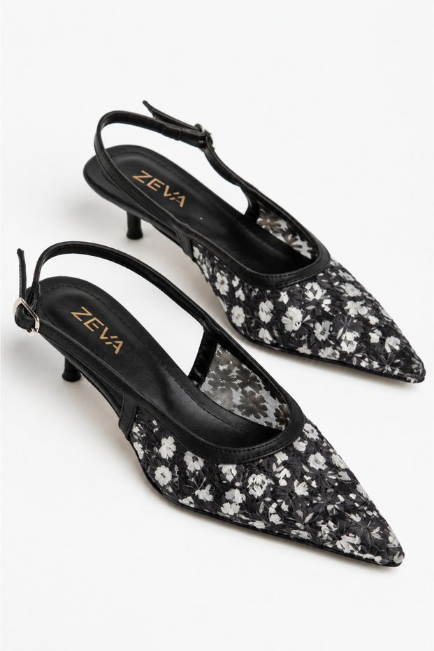 Zeva Women's Floral Patterned Tulle Embroidered Pointed Toe Slingback Short Heeled Evening Dress Shoes