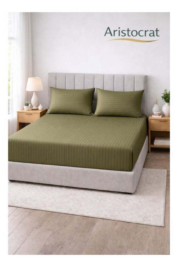 3-Piece Striped Microfiber Fitted Sheet Set King 180x200cm Olive
