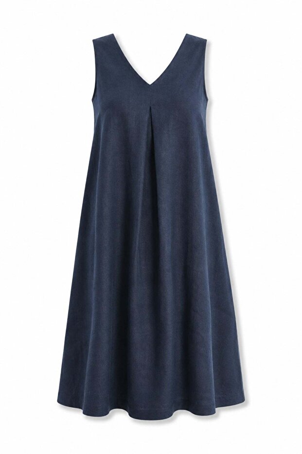 Navy Blue V-Neck Linen Dress 16891
