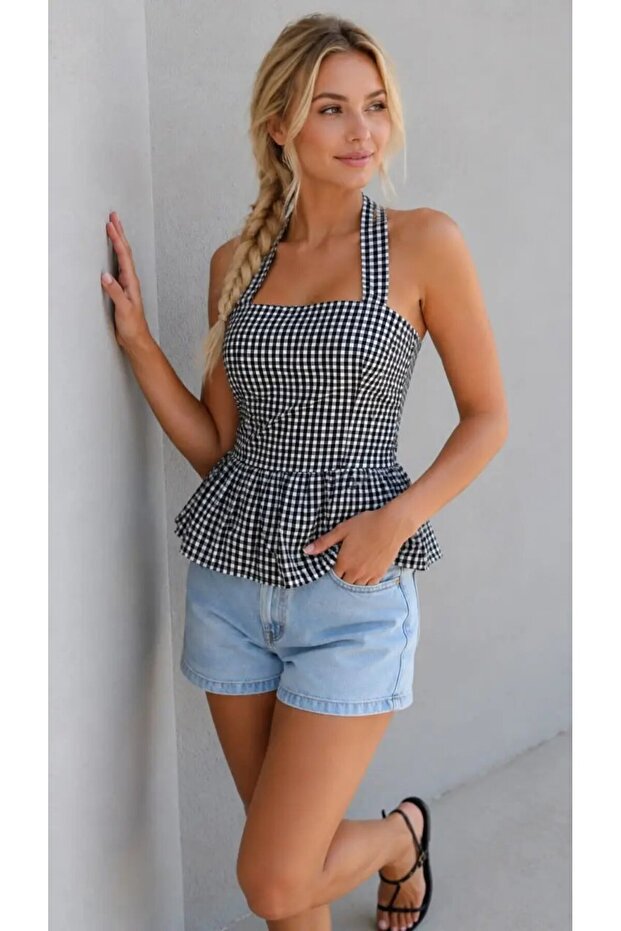 Women's Skirted Balloon Cut Backless Halter Neck Gingham Woven Blouse 26092