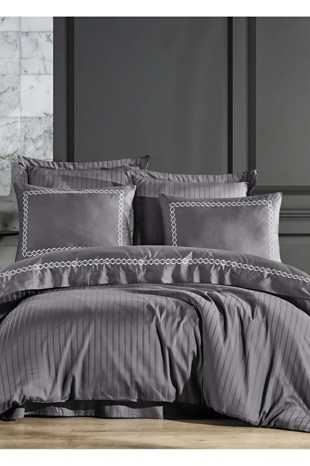 Lace a Nüans Embroidered Cotton Satin Double Duvet Cover Set-Grey