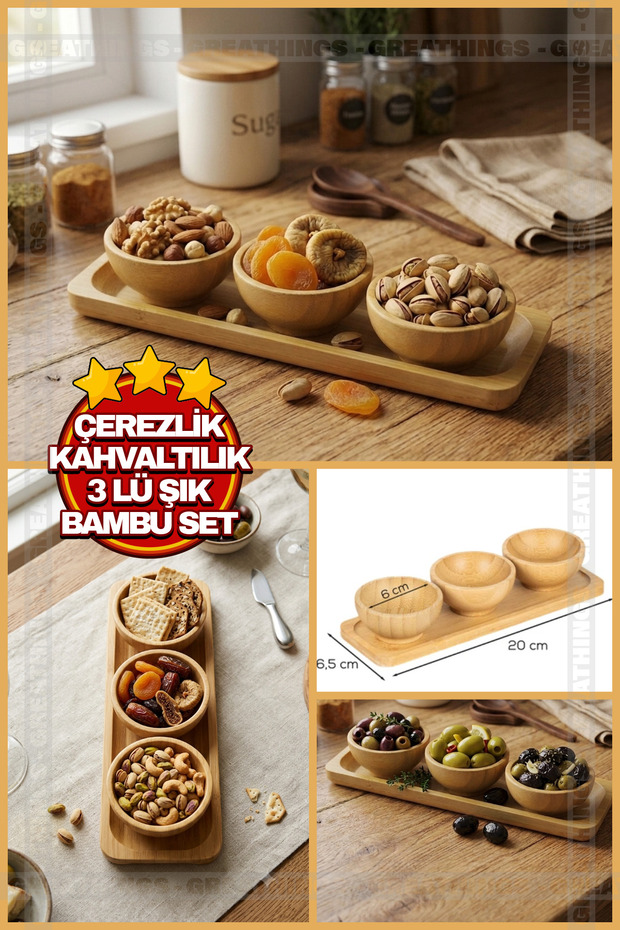 3-Piece Snack and Breakfast Bamboo Set with Presentation Tray 6cm