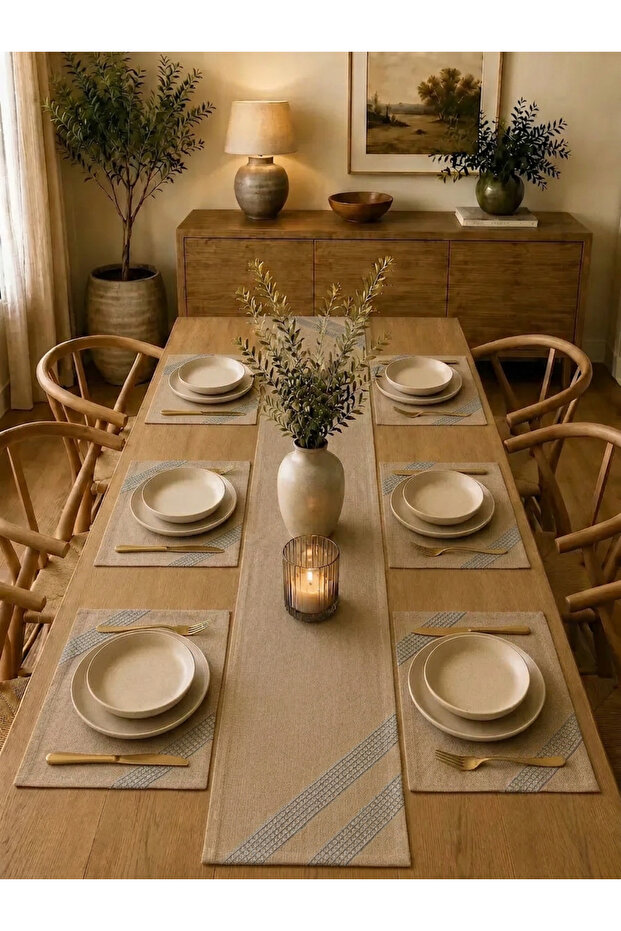 Linen Etamin Fabric Gray Embroidered, 1 Runner and 6 American Placemats