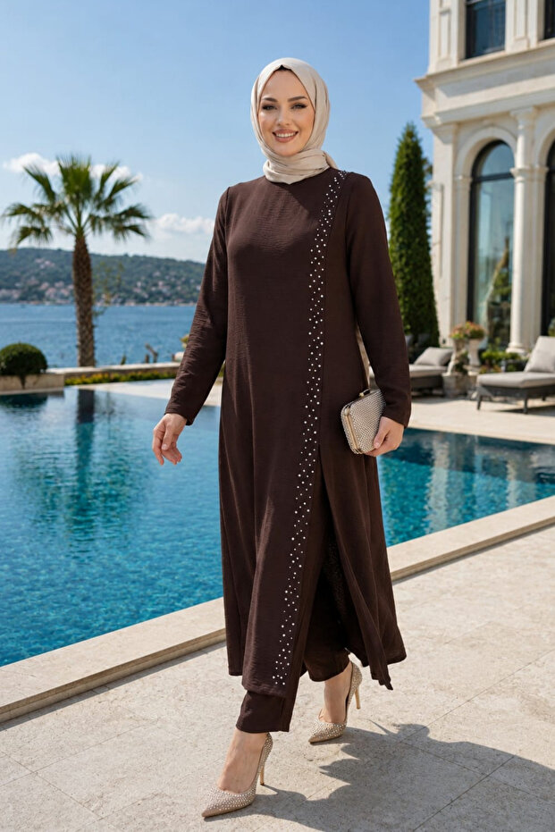 Women's Pearl Embellished Brown Tunic-Pants Two-Piece Set
