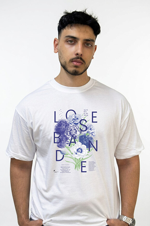 Blue Flowers Design Printed Oversize White T-Shirt