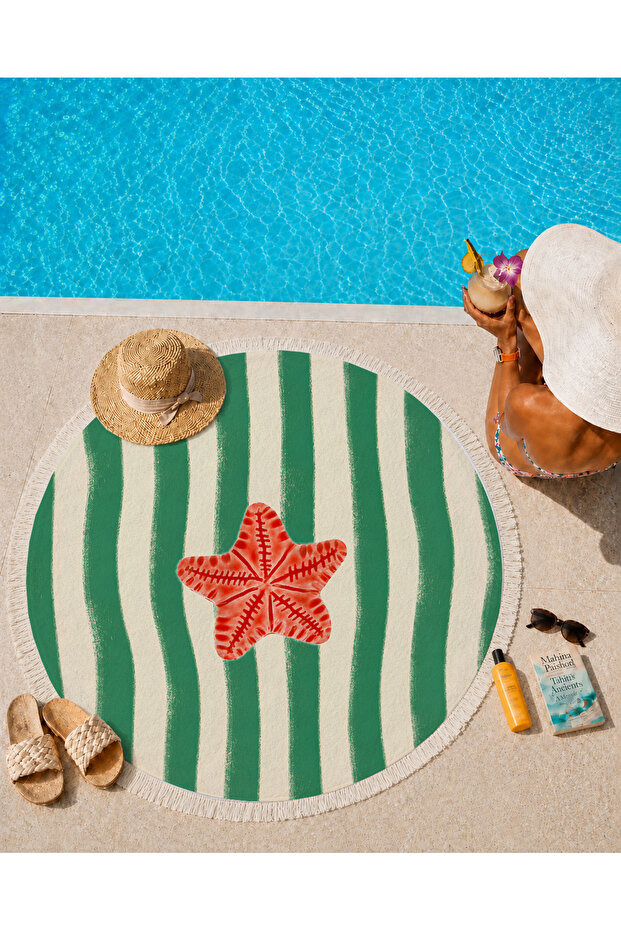 Round Beach Towel 150 cm Starfish Patterned Striped Printed Beach Towel
