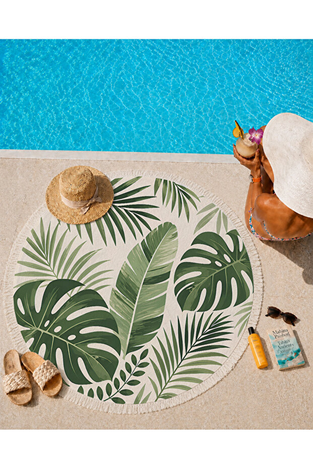 Round Beach Towel 150 cm Green Tropical Leaf Pattern Printed Beach Towel