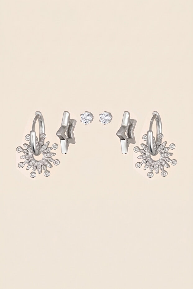 Silver Color Steel Zircon Stone Sun and Star Shaped 6-Piece Earring Set
