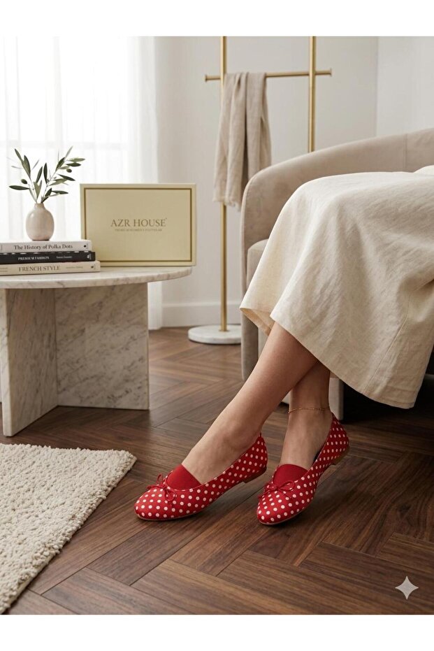Women's Polka Dot Bow and Rubber Detailed Casual Comfortable Ballerinas
