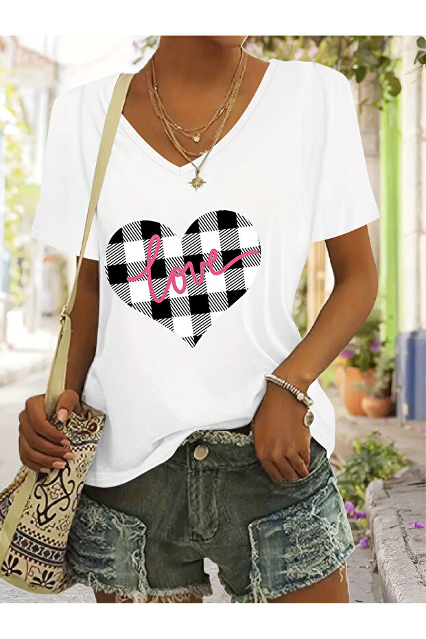 Women's Heart Printed V-Neck Sleeves Regular Fit Comfortable T-Shirt