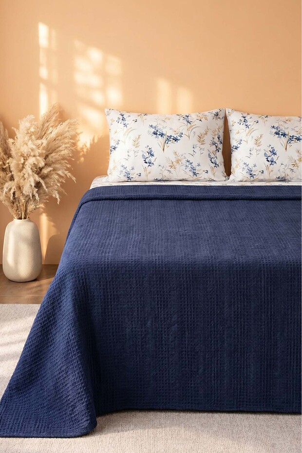 Navy Blue Floral Patterned Double Cotton Honeycomb Pique Set - 4 Pieces