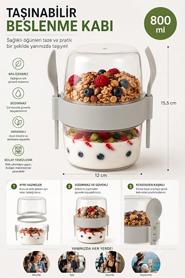 Yogurt Oatmeal Muesli Diet Storage Container Practical Portable Spoon and Fork Included, Lid and Takeandgo Storage Cup 800 ml