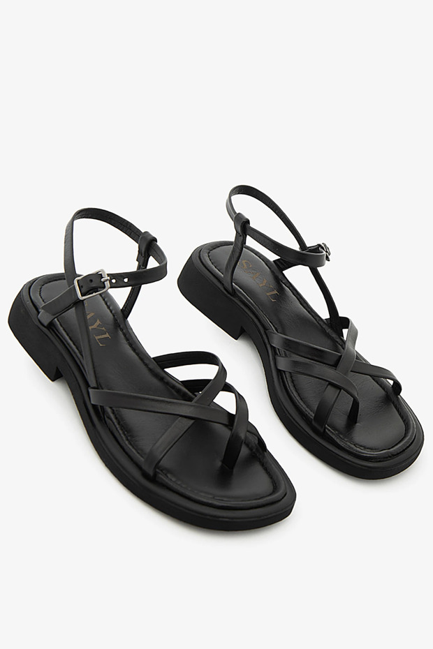 Black Genuine Leather Cross-Strapped Short Heeled Women's Sandals