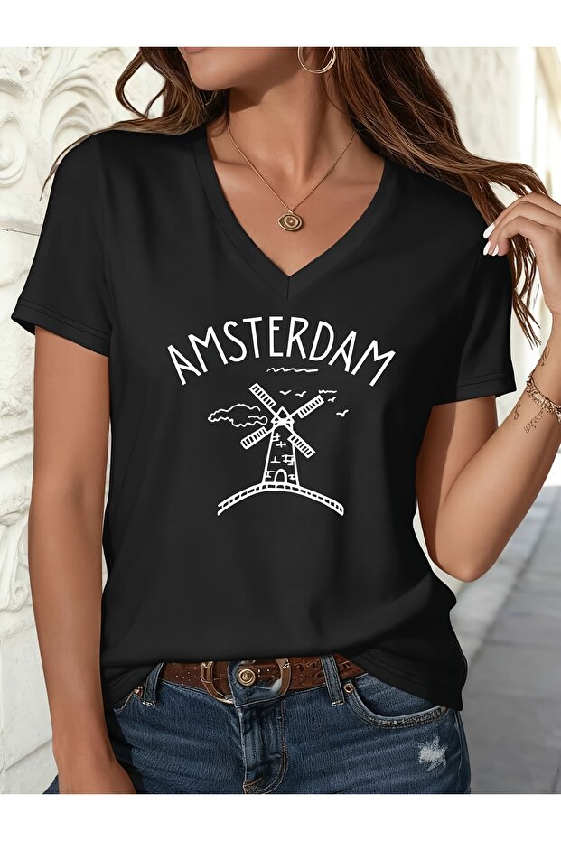 Women's Mix Printed V-Neck Sleeved Regular Fit Comfortable T-Shirt