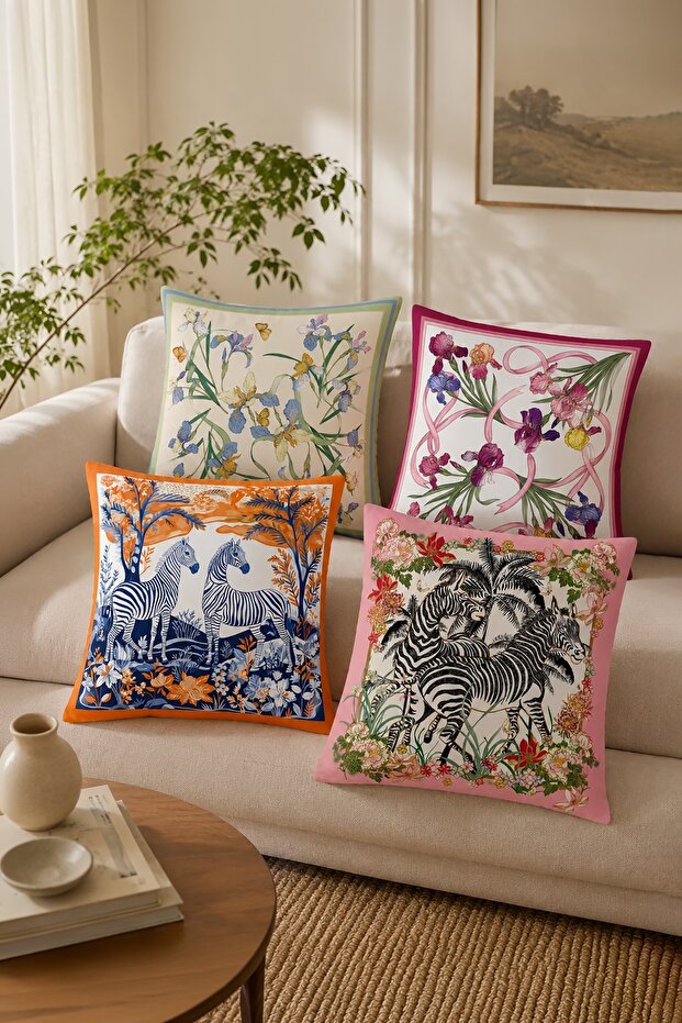 Floral and Zebra Patterned 4-Piece Throw Pillow Cover Set