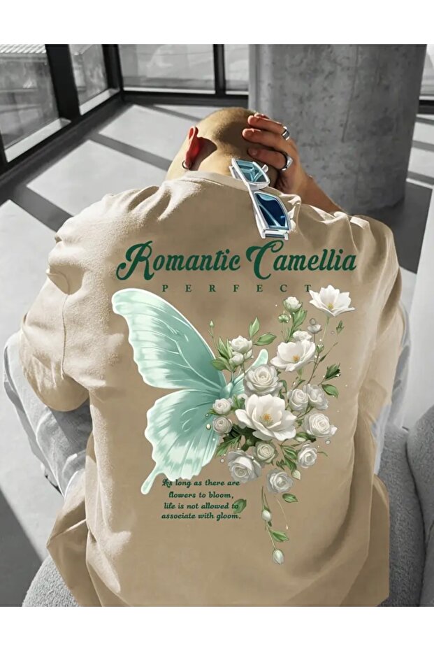 Crew Neck Romantic Camellia Back Print 100% Cotton Oversize Large Size Men's T-Shirt