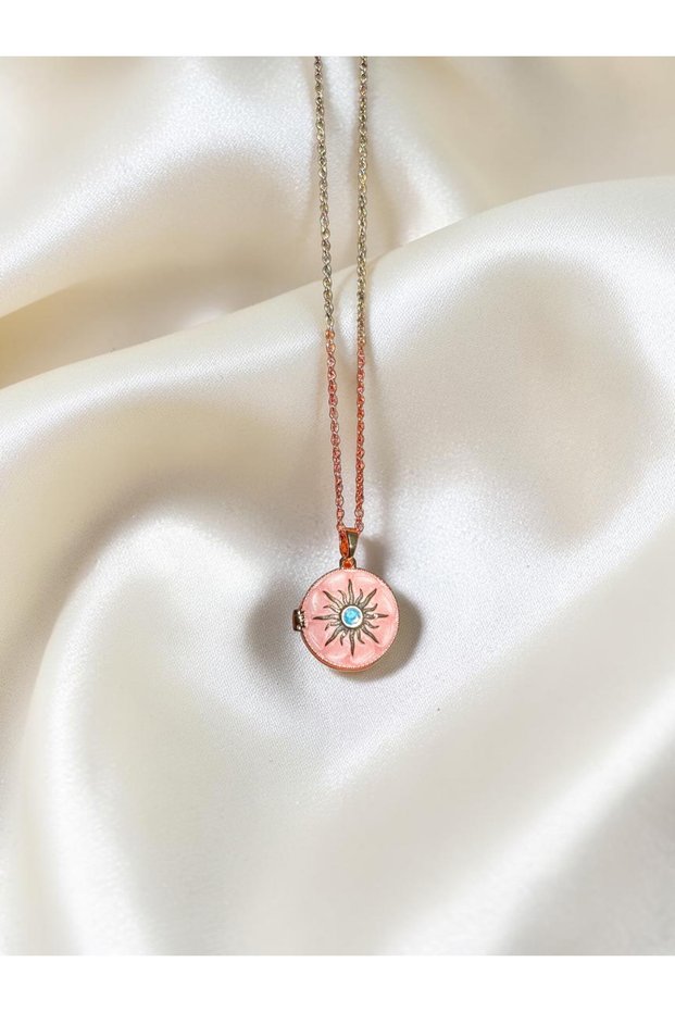 Pink Enamel Sun Figured Women's Steel Openable Photo Medallion Necklace