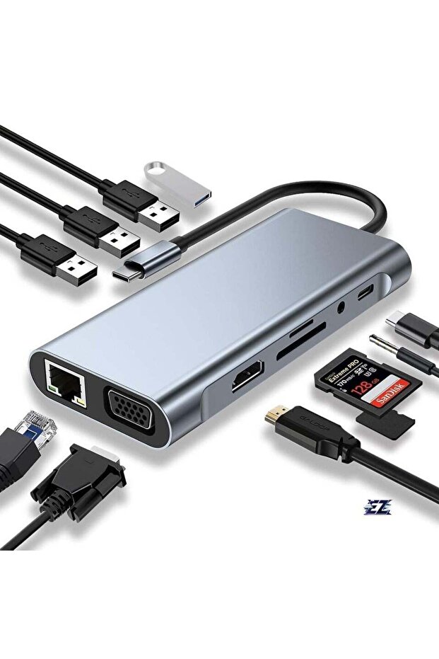 11-in-1 USB C Hub with 4K HDMI, VGA, USB 3.0, Ethernet, SD/TF Card Readers