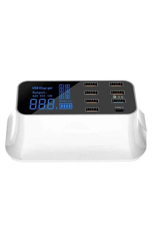 Multi-Port USB Fast Charging Station White – 8-Port Desktop Charger with QC 3.0 & Intelligent LED Display