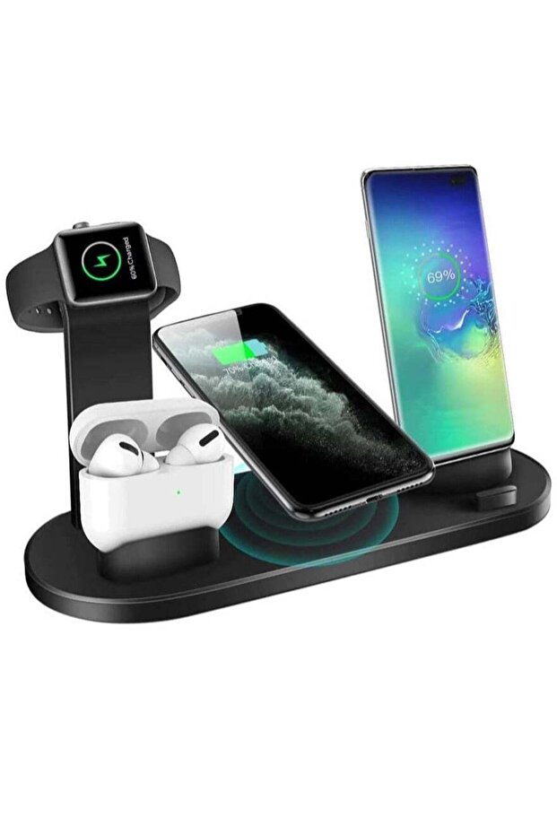 Multi-Function Charging Stand Compatible with iPhone, Android Micro USB & Type-C Phone Wireless 3 in 1 Rotatable Charging Dock - Black
