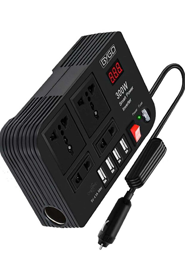 300W Car Inverter, 12V to 220V Power Converter with 4 USB Ports, Universal Socket