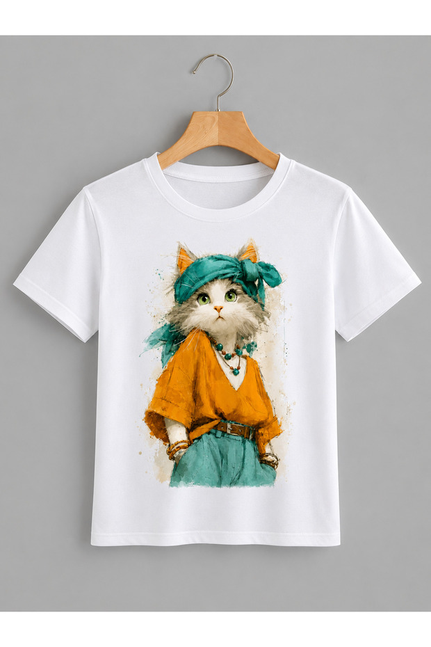 Unisex Oversize T-Shirt Fancy Cat Printed 100% Cotton T-Shirt Comfortable Fit