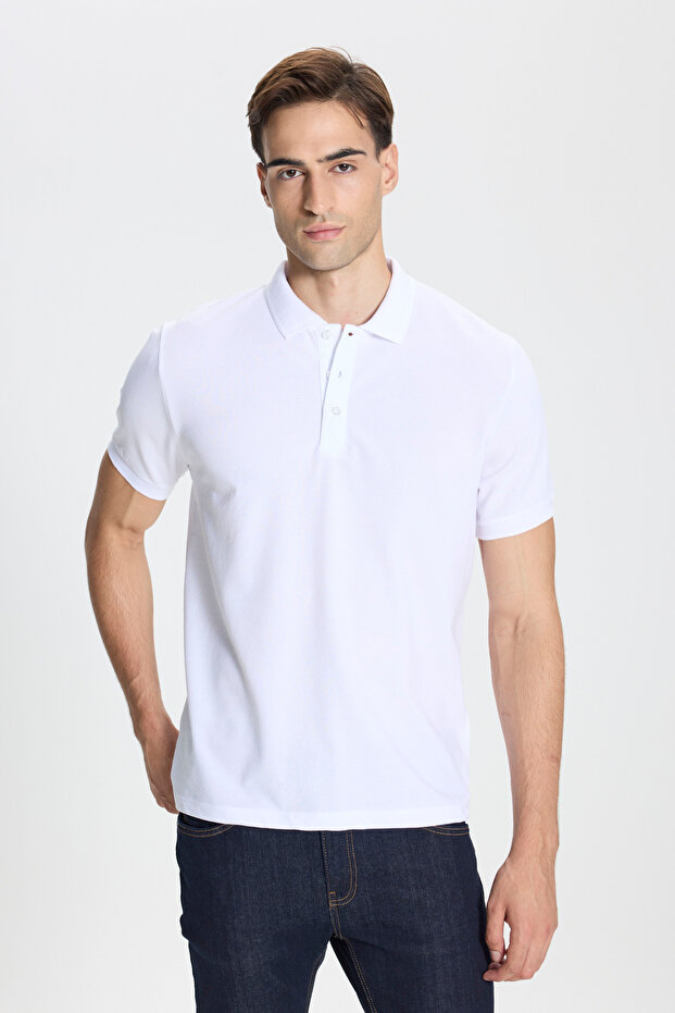 Men's White-White Cotton Slim Fit Polo Collar T-Shirt