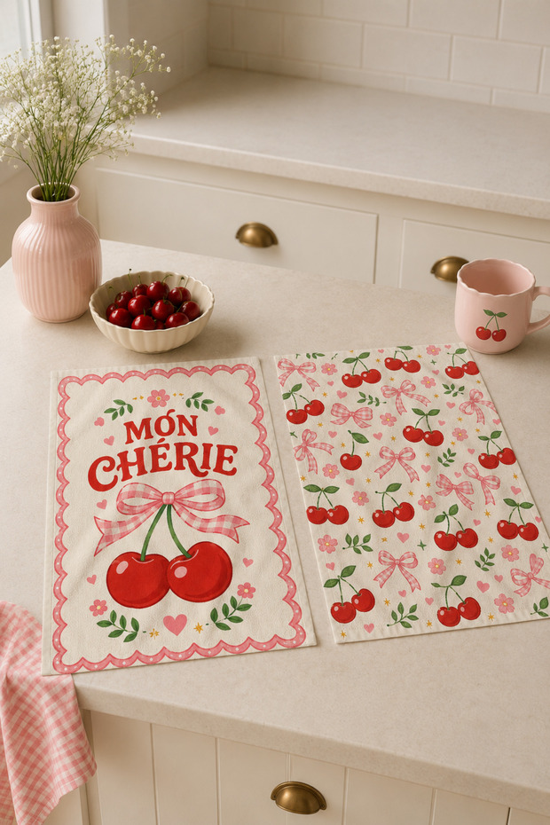 Mon Cherie Cherry and Floral Patterned Pink Country Kitchen Mediterranean Stylish 2-Piece Kitchen Towel Set 35X55