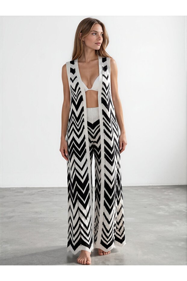 Black and White Zigzag Patterned Knitwear Beach Set Women's Summer 2-Piece Set