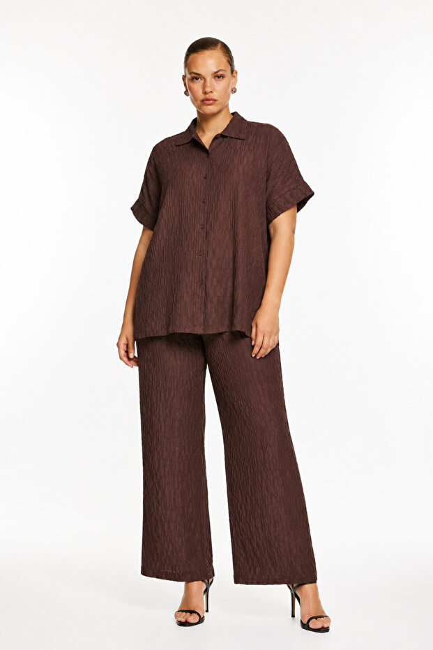 Textured Wrinkled Fabric Soft Double Set Short Sleeve Shirt and Pants Set