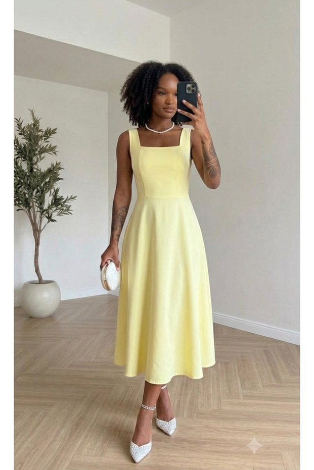 Women's Square Neck Sleeveless Midi Dress with Bow Detail on the Back