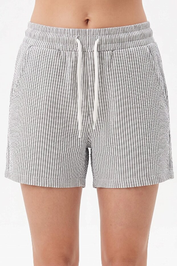 Women's Light Gray Side Pocket Waterway Striped Cotton Shorts