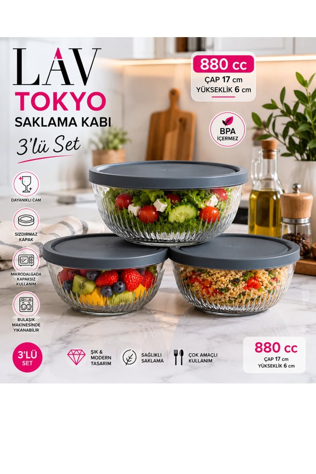 Tokyo Glass Storage Container Set of 3 880 Cc Gray Lid Bpa Free Salad Bowl Akdenizshop