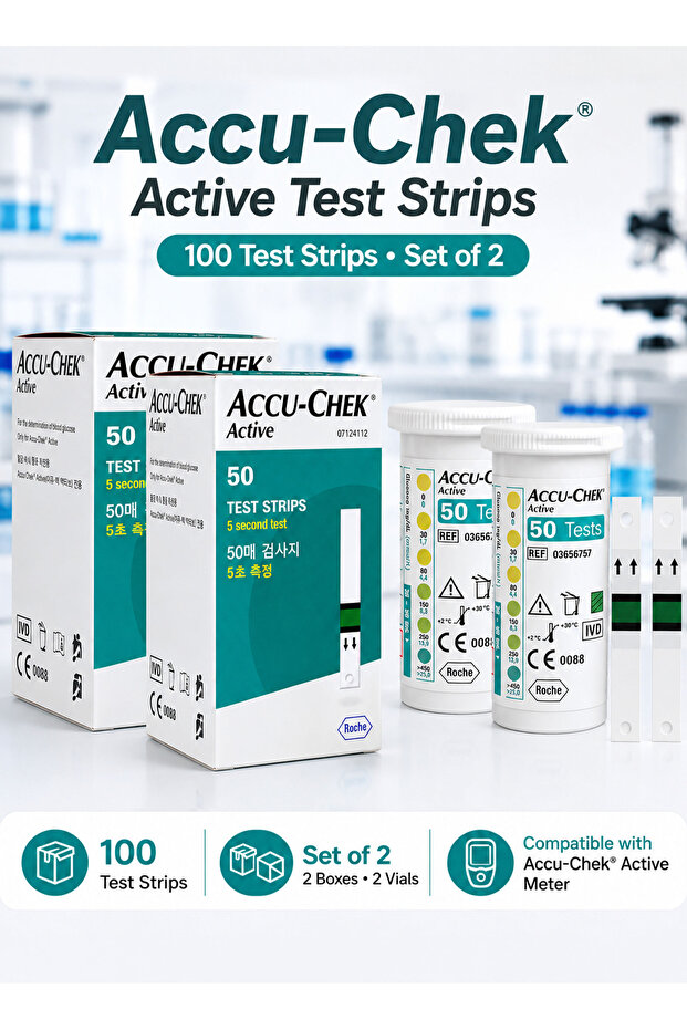 Set of 2 Accu-Chek Active Blood Glucose Test Strips 100 Strips for Accu-Chek Active Meter, 5 Second Results, Small Blood Sample, Under-Dosing Detection, Visual Double Check, Home Monitoring