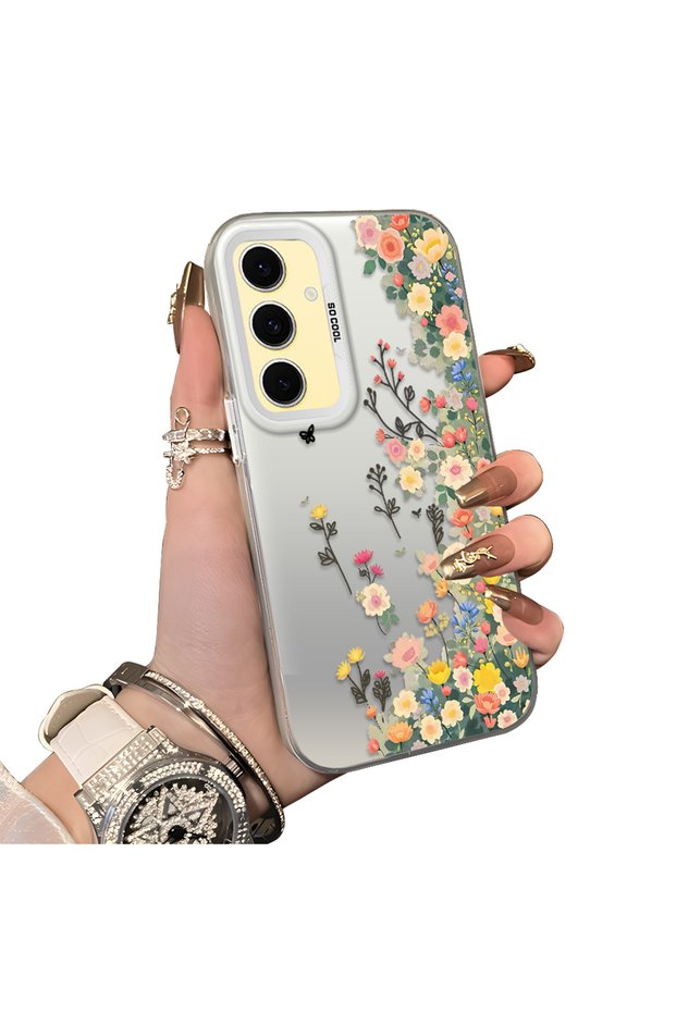 Samsung Galaxy S24 Fe Compatible Silicone Edge Hard Back Case Couple Phone Case with Floral Pattern