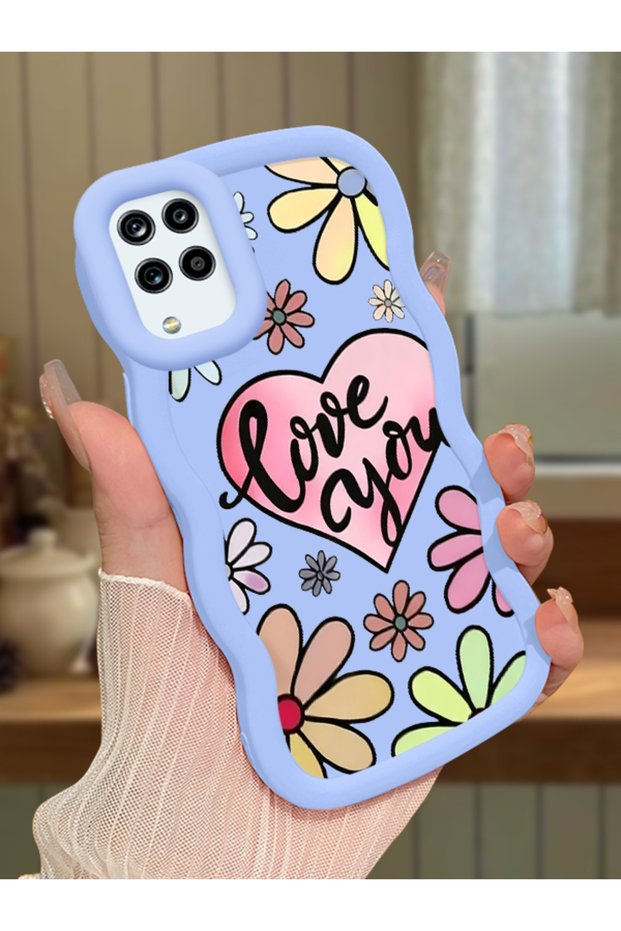 Samsung Galaxy M12 Compatible Case Camera Protector Blue Silicone Couple Phone Case Floral Pattern