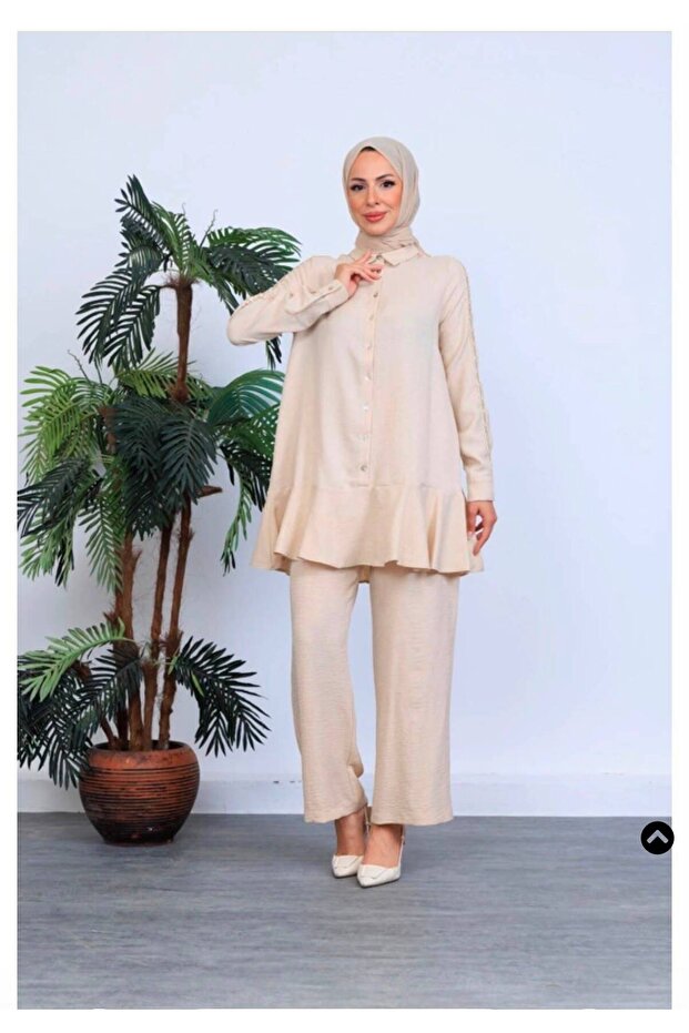Women's Beige Buttoned Tunic Trouser Set