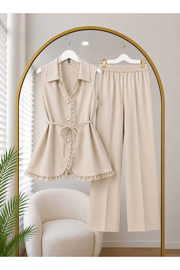 Women's Vest Lace Detailed Trousers Set -0650