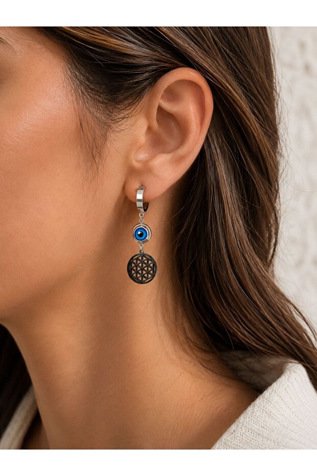 Steel Evil Eye Beaded Geometric Hoop Earrings