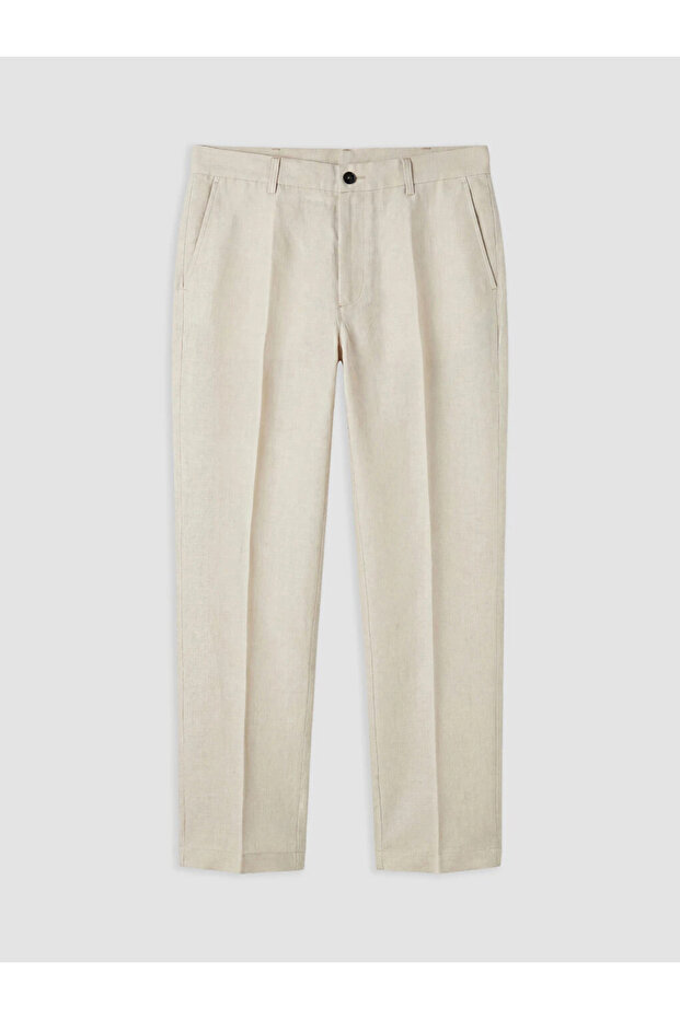 Beige Regular Fit 100% Linen Men's Pleated Trousers