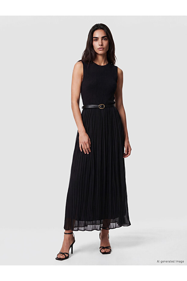 Lcw Vision Black Crew Neck Pleated Dress with Belted Waist