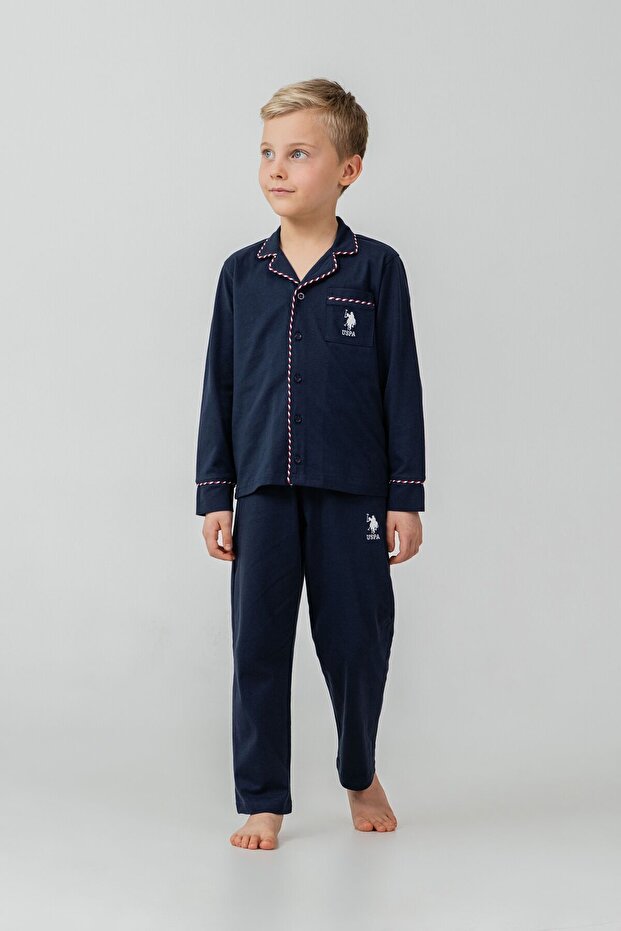 Boy's Pajama Set Embroidered Navy Blue Long Sleeve Pajama Set Us2643-C-V1