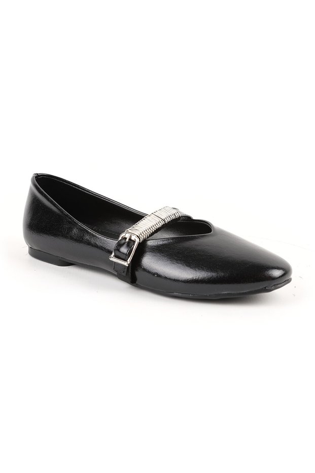 Women's Ballerina Flats with Metal Accessories, Mary Jane Buckle Strap, Shiny Brown L080.103
