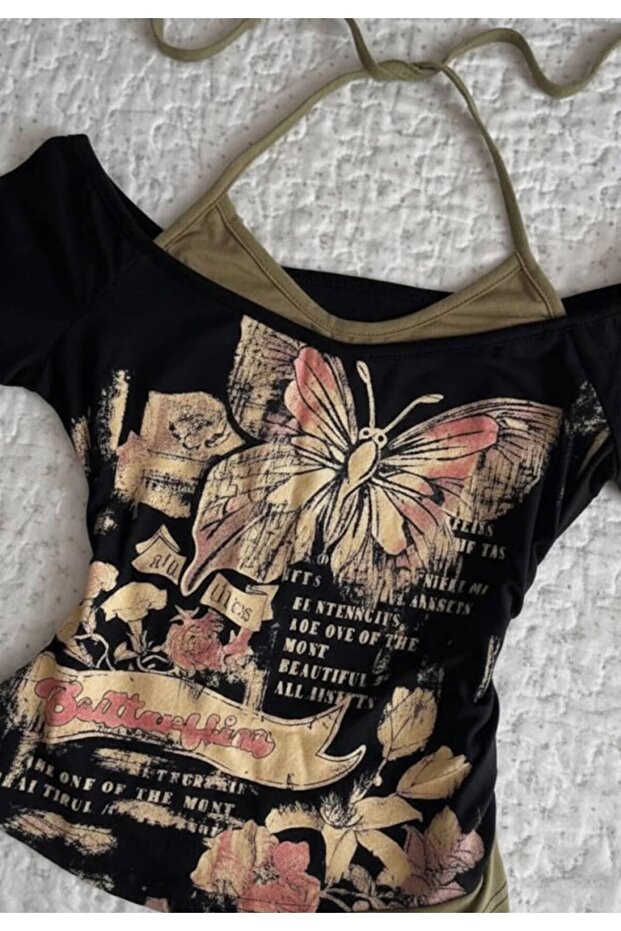 Black Butterfly Madonna Collar with Additional Straps Y2K Short Full Body Sleeve Crop