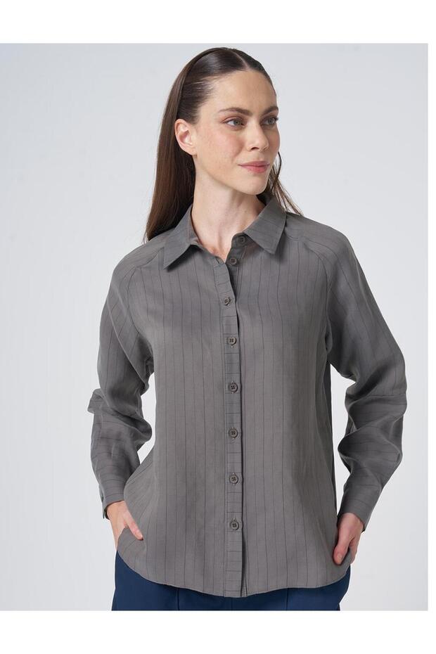 Stripe Pattern Lyocell Blouse Dark Mink