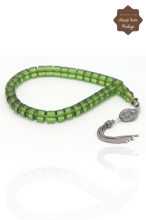 Green Drop Silver Tassel Wheel Cut Nefertite Stone Prayer Beads 201025706